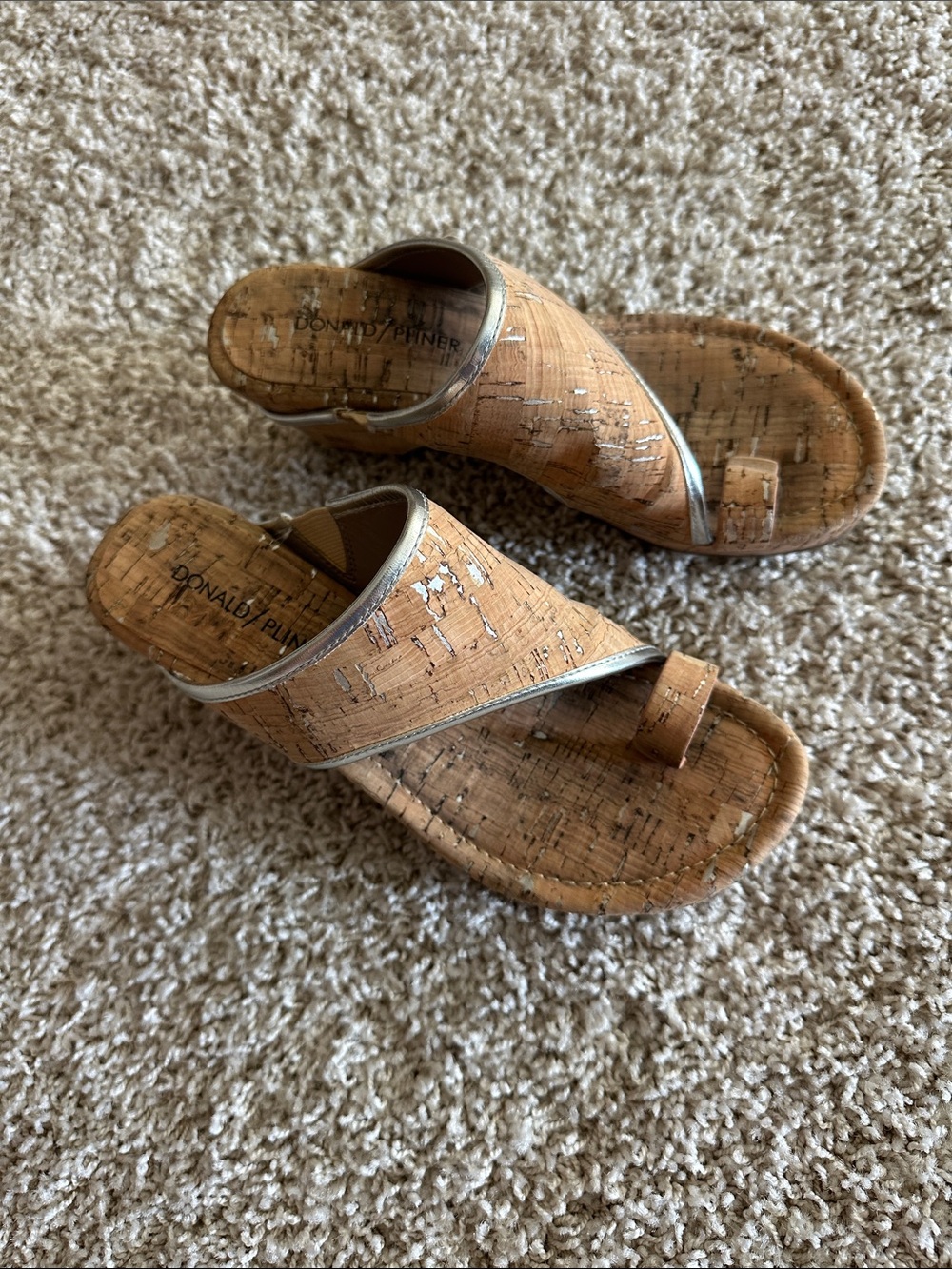 Donald J. Pliner Cork Crossband Slide Sandals in Natural Tan with Silver Trim